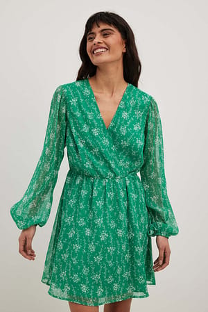 Green Print Chiffon Overlap Puff Sleeve Mini Dress