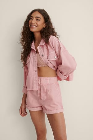 Pink Colored Buckle Denim Shorts