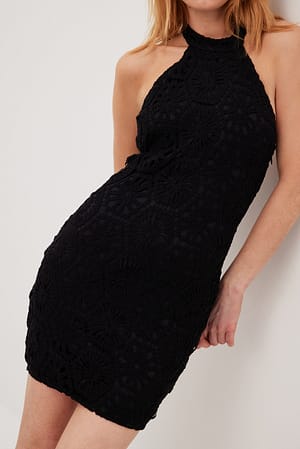 Black Crochet Knitted Halterneck Mini Dress