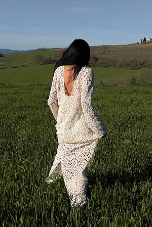 Light Beige Crochet Straight Maxi Dress