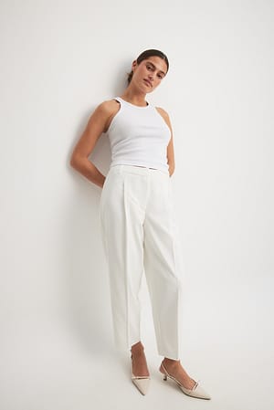 White Cropped Mid Waist Suit Pants