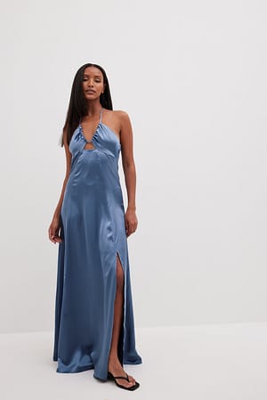 Blue Cut Out Detail Maxi Satin Dress