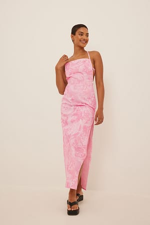 Rose Print Denim Strap Dress