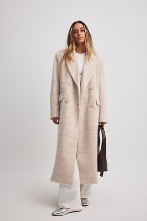 Beige Double Breasted Wool Blend Coat