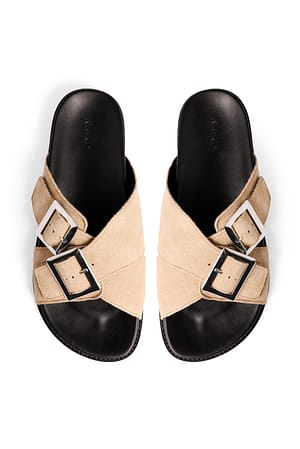 Taupe Double Buckle Leather Slippers