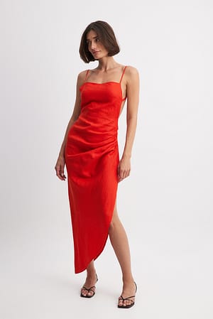 Red Draped Linen Dress