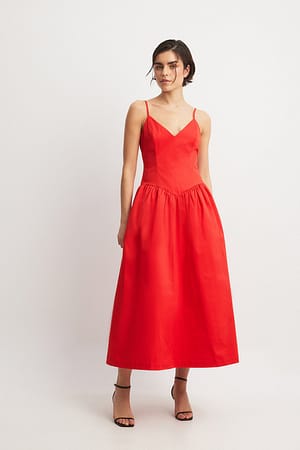 Red Volume Skirt Midi Dress