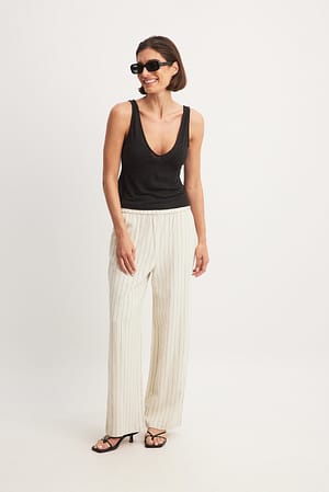 Beige/Black Stripe Elastic Mid Waist Linen Blend Pants