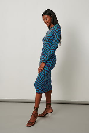 Checkered Long Sleeve Knitted Dress