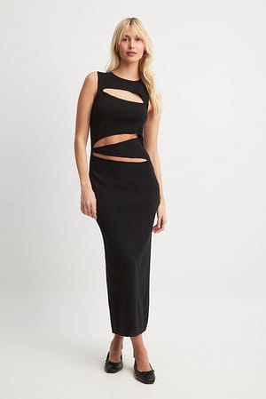 Black Fine Knitted Cut Out Maxi Dress