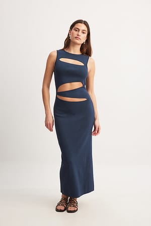 Blue Fine Knitted Cut Out Maxi Dress