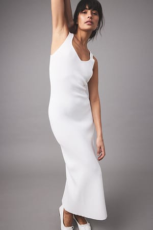 White Fine Knitted Scoop Neck Midi Dress
