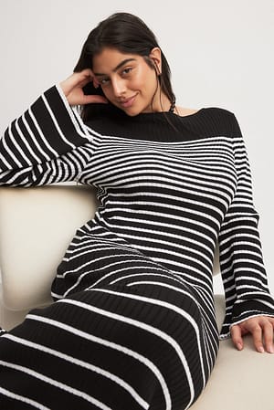 Black/White Stripe Robe mi-longue en maille fine rayée