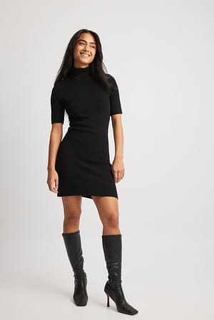 Black Fine Knitted Turtleneck Mini Dress