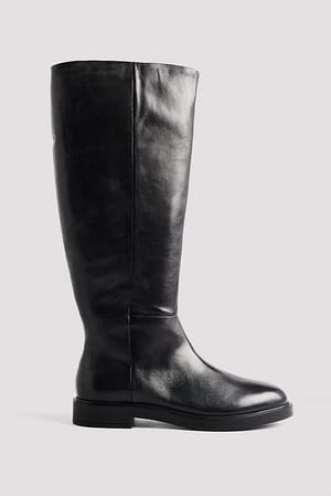 Black Flat Knee High Leather Boots