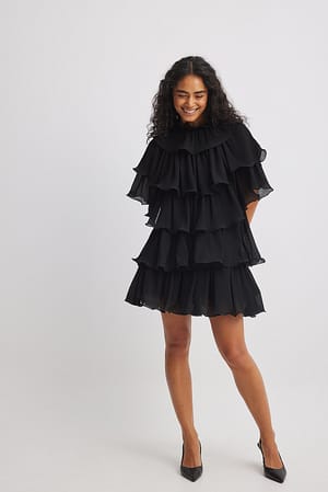 Black Flounce Detail Mini Dress