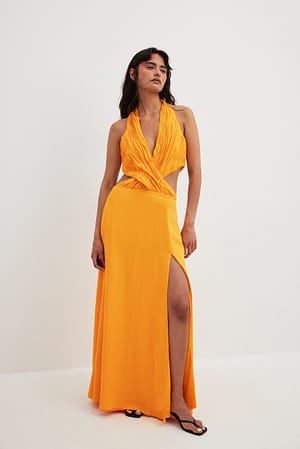 Warm Orange Flowy Maxi Halterneck Dress
