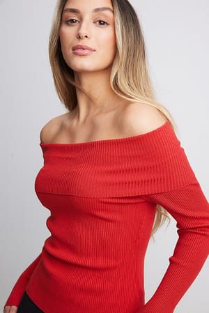 Red Folded Offshoulder Knitted Top