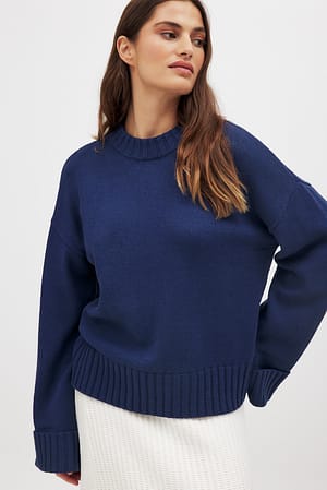 Navy Folded Sleeve Knitted Sweater