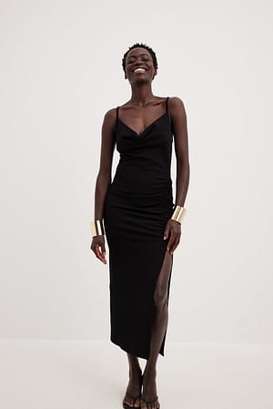 Black Gathered Front Strap Dress
