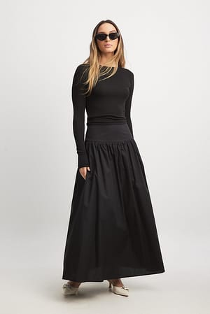 Black Gathered Maxi Cotton Skirt