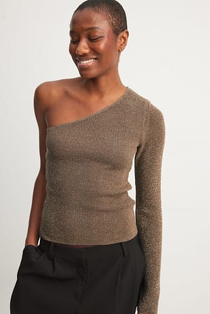 Taupe Glitter Knitted One Shoulder Top