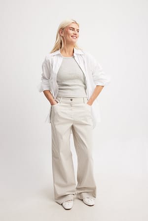 Beige/White Stripe Pantalon rayé en tissu épais à taille mi-haute