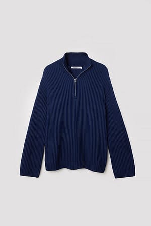 Navy High Neck Zipped Knitted Sweater
