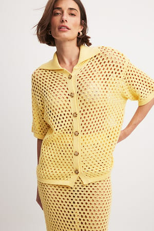 Yellow Hole Knitted Buttoned Short Sleeve Sweater