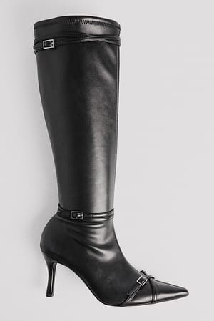 Black Knee High Buckle Detail Boots