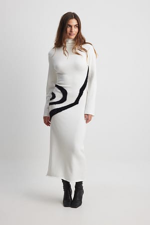 White Knitted Contrast Detail Midi Dress