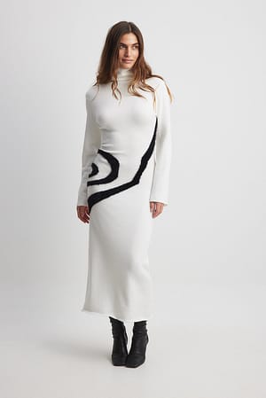 White Knitted Contrast Detail Midi Dress