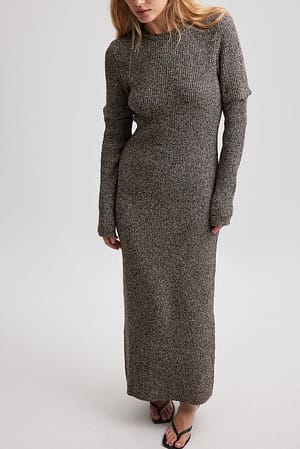 Brown Melange Knitted Detachable Sleeve Dress