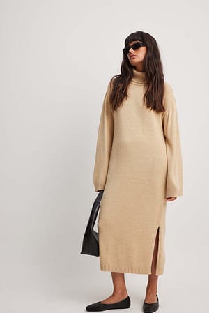 Beige Knitted Oversized Midi Dress