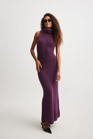 Purple Knitted Turtle Neck Maxi Dress