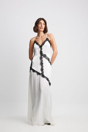 Offwhite Lace Detail Satin Maxi Dress