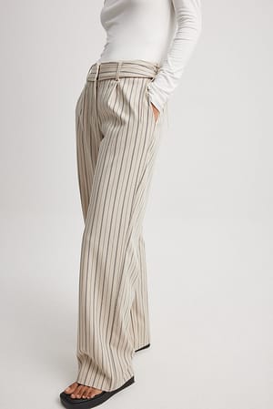 Beige Stripe Lacing Detail Mid Waist Trousers
