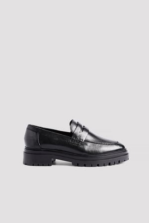 Black Leather Rounded Toe Loafers
