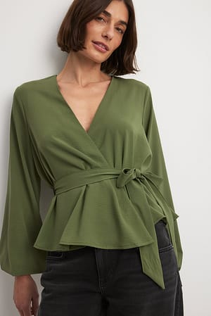 Olive Long Sleeve Overlap Tie Blouse