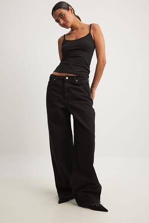 Washed Black Mid Waist Loose Long Jeans