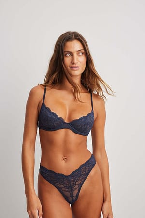 Navy Mid Waist Lace Thong