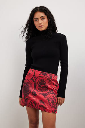 Rose Print Mid Waist Satin Mini Skirt