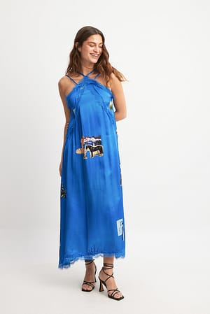 Blue Print Viscose Lace Detail Midi Dress