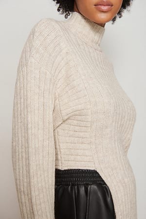 Brown Asymmetric Knitted Rib Sweater