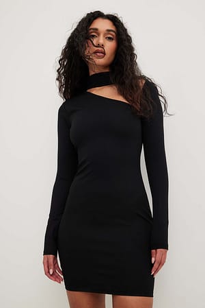 Black Asymmetric Neckline Mini Dress