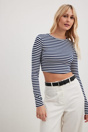 White/Navy Cropped Long Sleeved Striped Top