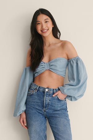 Dusty Blue Cropped Structured LS Blouse