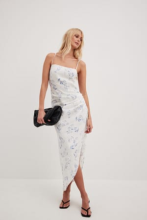 Blue/Paisly Print Draped Linen Dress