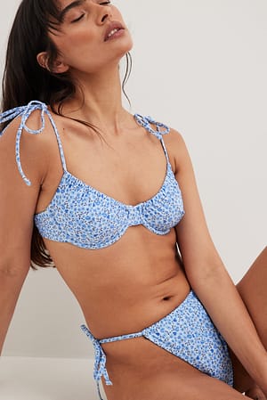Blue Flower Print Drawstring Tie Bikini Bra