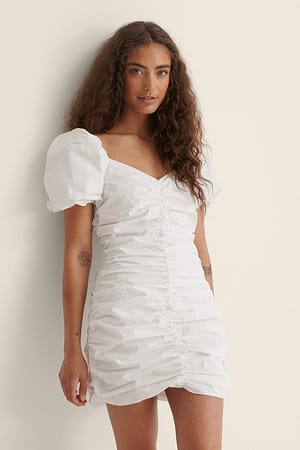 White Gathered Mini Cotton Dress